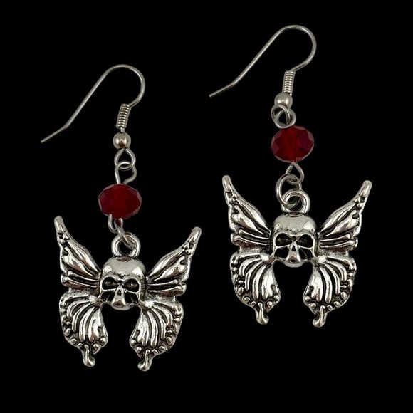 Silver-tone Winged Skull Earrings Red Crystal Accent - Picture 1 of 10